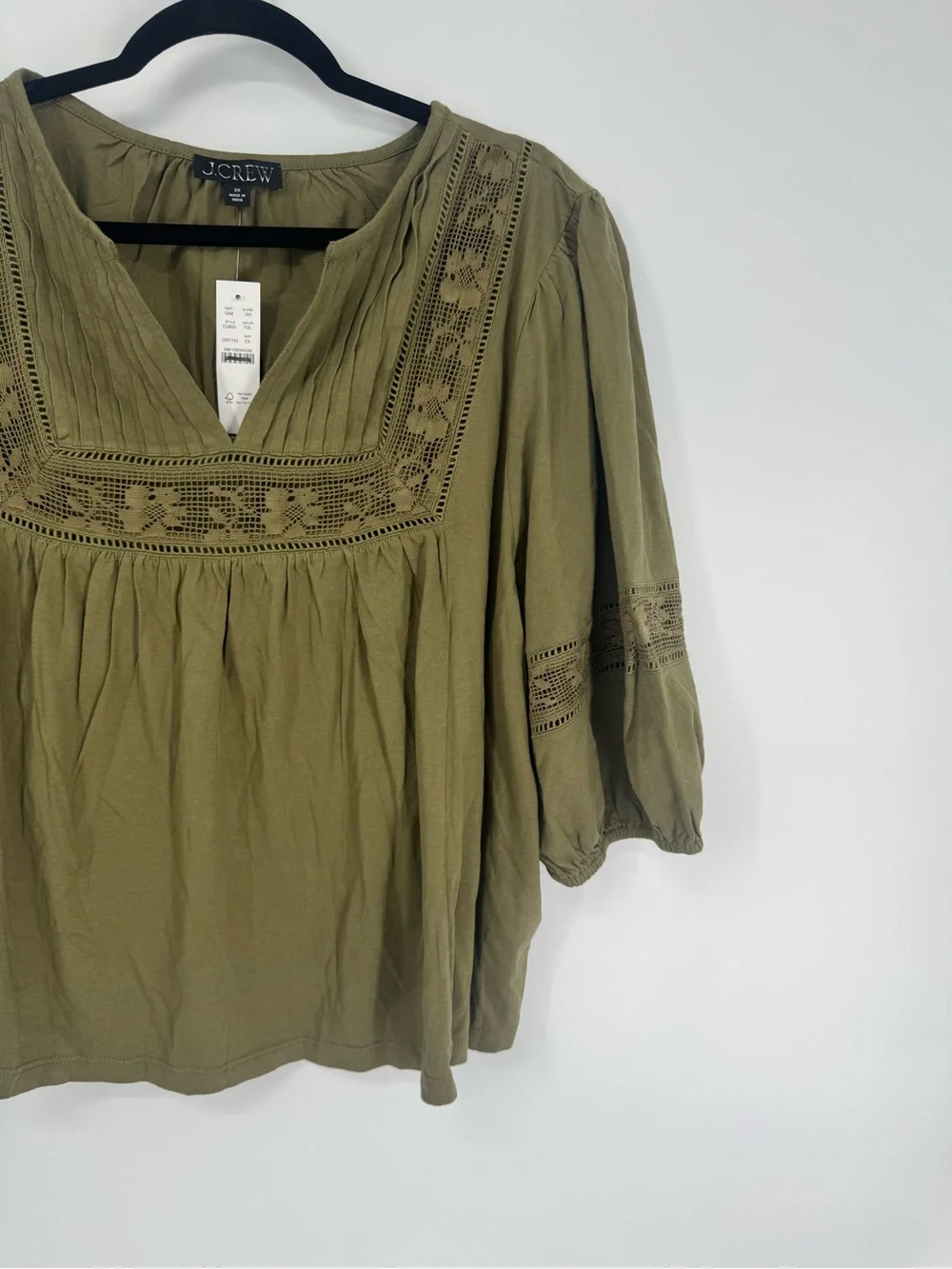 NWT J. Crew Lace-trim Puff Sleeve Shirt Broken-in Jersey Green Flowy Peasant 2X